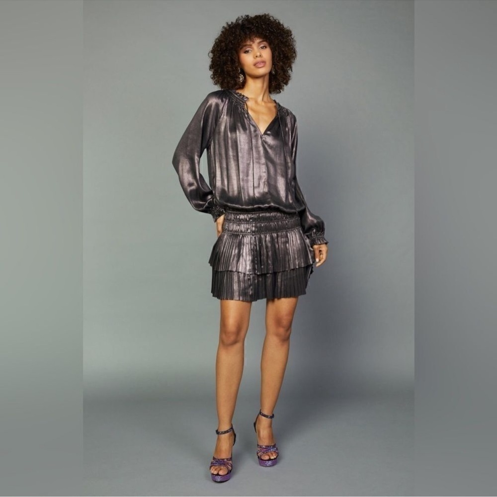 Current Air Dark Metallic Tiered Long Sleeve Mini Dress